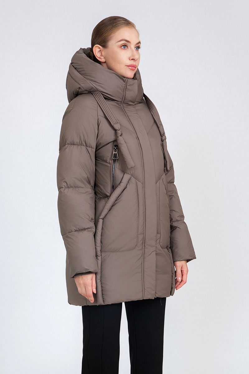 Women's Mid-Length Puffer Coat with Hood Drawstrings & Zipper Pockets