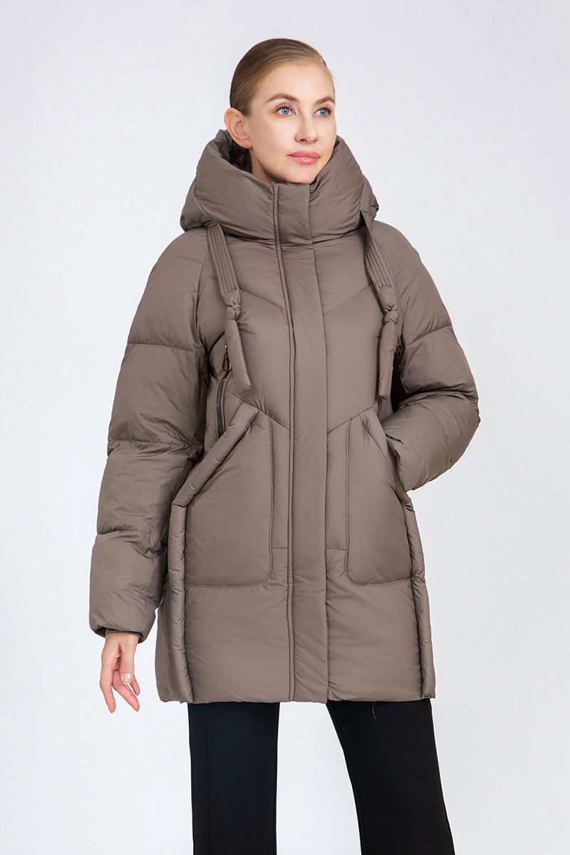 Women's Mid-Length Puffer Coat with Hood Drawstrings & Zipper Pockets