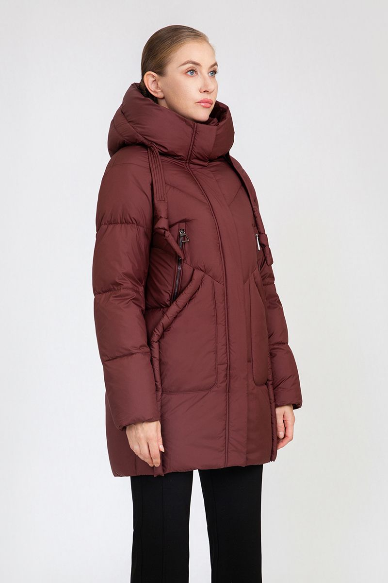 Women's Mid-Length Puffer Coat with Hood Drawstrings & Zipper Pockets