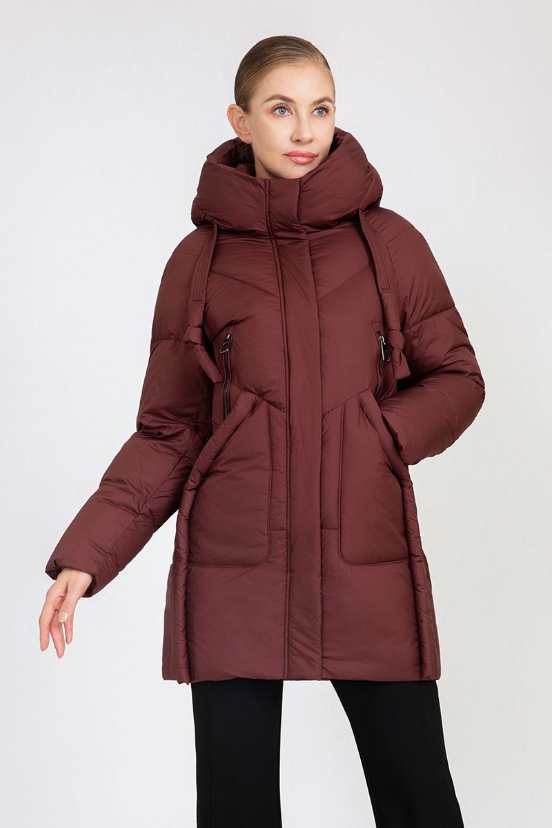 Women's Mid-Length Puffer Coat with Hood Drawstrings & Zipper Pockets