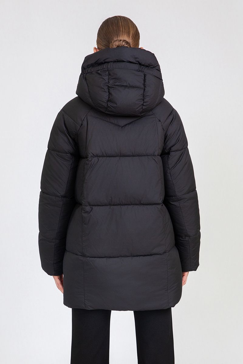 Women's Mid-Length Puffer Coat with Hood Drawstrings & Zipper Pockets