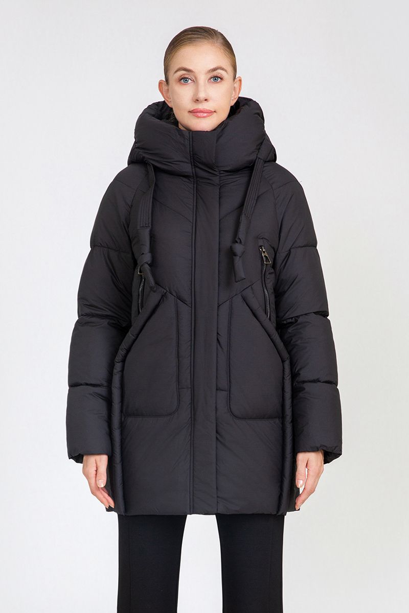 Women's Mid-Length Puffer Coat with Hood Drawstrings & Zipper Pockets