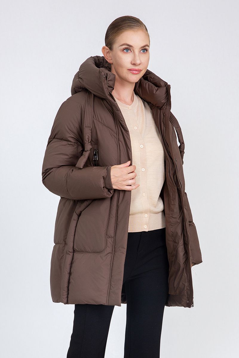 Women's Mid-Length Puffer Coat with Hood Drawstrings & Zipper Pockets