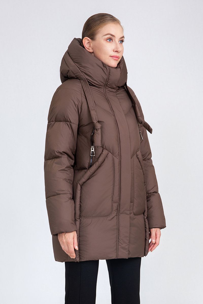 Women's Mid-Length Puffer Coat with Hood Drawstrings & Zipper Pockets