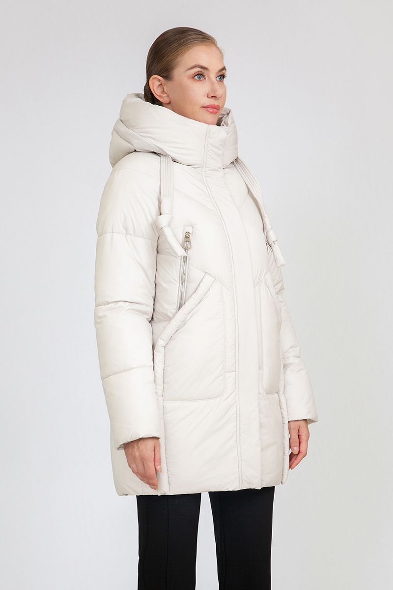 Women's Mid-Length Puffer Coat with Hood Drawstrings & Zipper Pockets