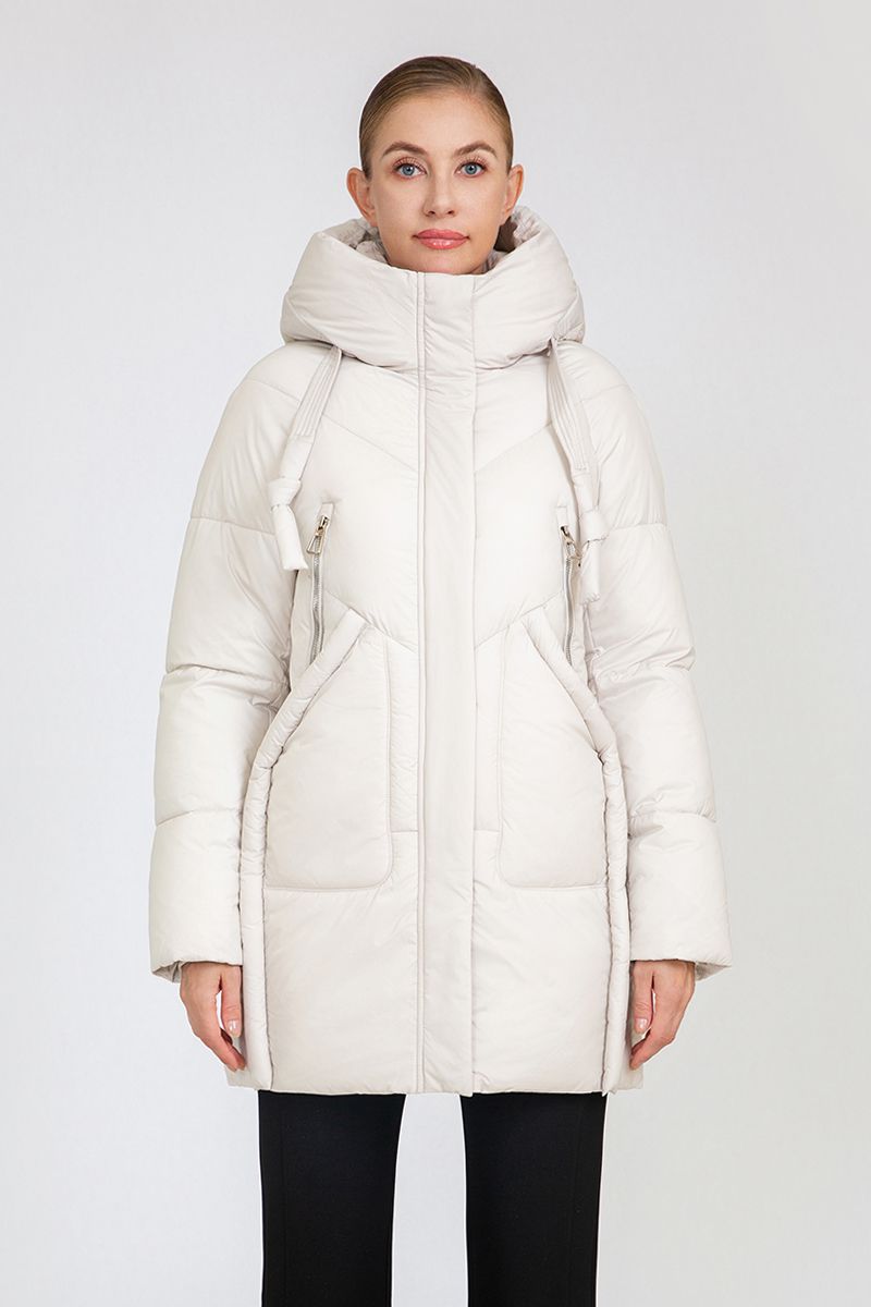 Women's Mid-Length Puffer Coat with Hood Drawstrings & Zipper Pockets