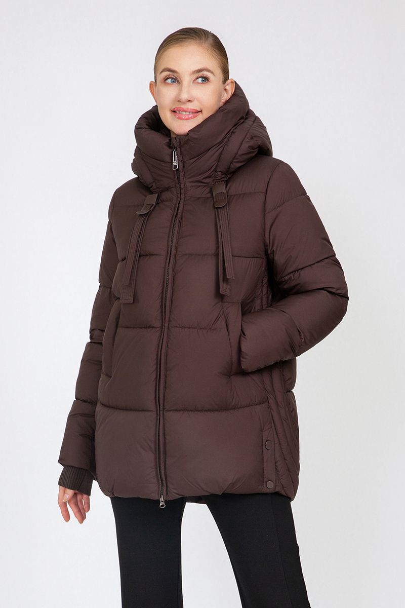 Women's Mid-Length Puffer Jacket with Hood Strap Details & Side Button Accents