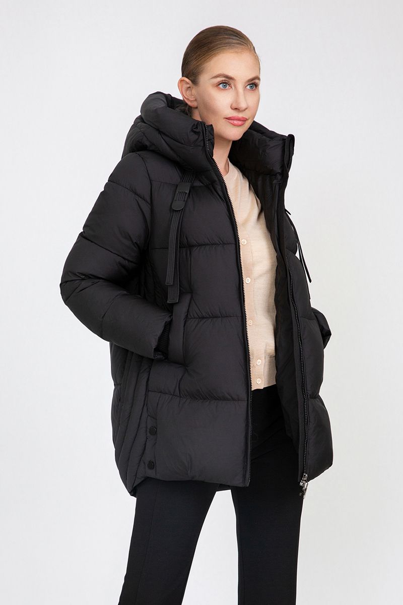 Women's Mid-Length Puffer Jacket with Hood Strap Details & Side Button Accents