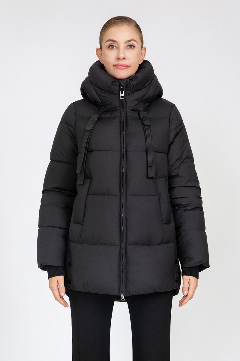 Women's Mid-Length Puffer Jacket with Hood Strap Details & Side Button Accents