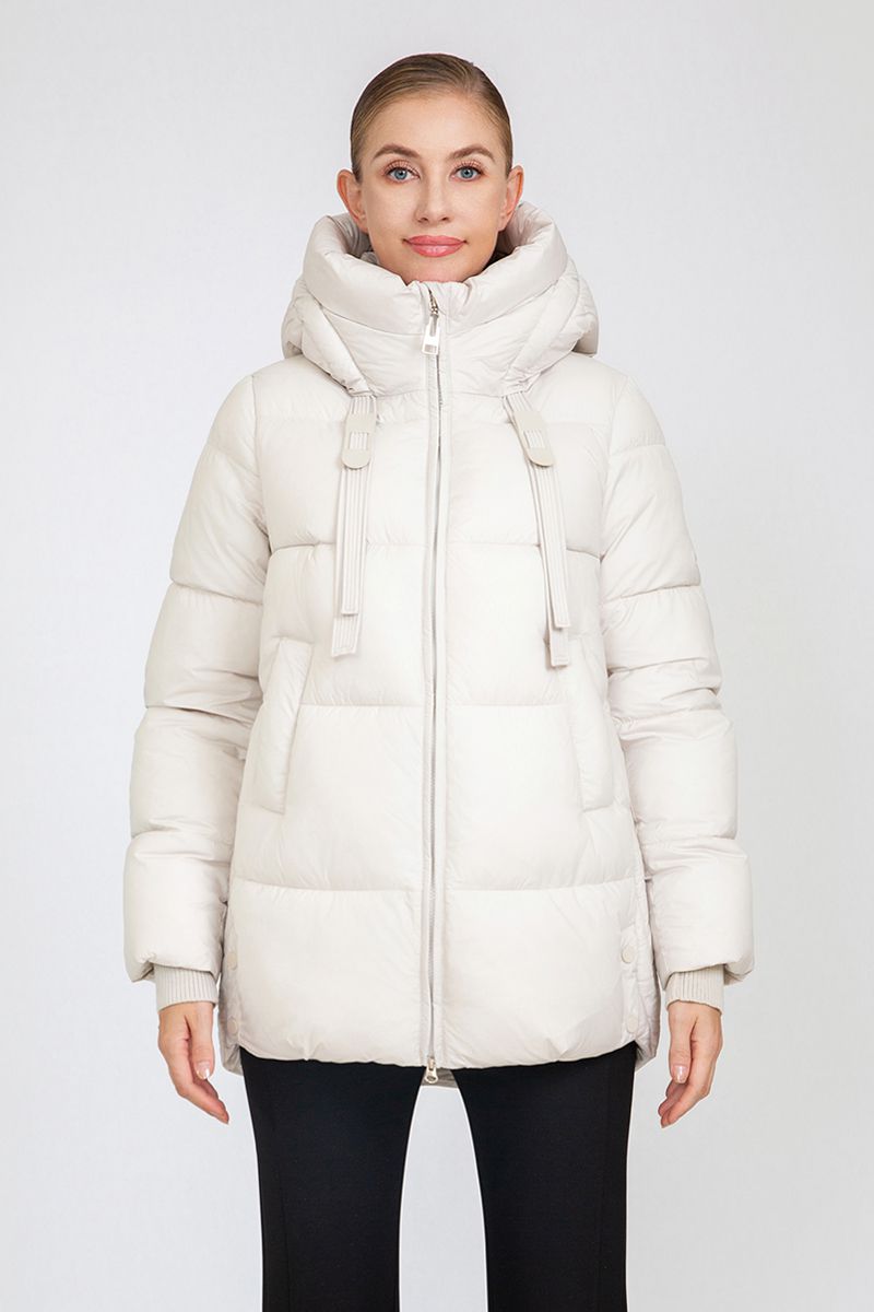 Women's Mid-Length Puffer Jacket with Hood Strap Details & Side Button Accents
