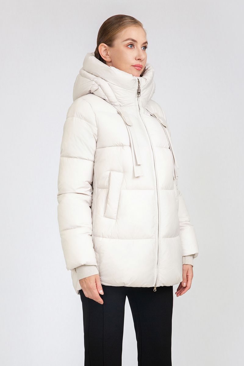 Women's Mid-Length Puffer Jacket with Hood Strap Details & Side Button Accents