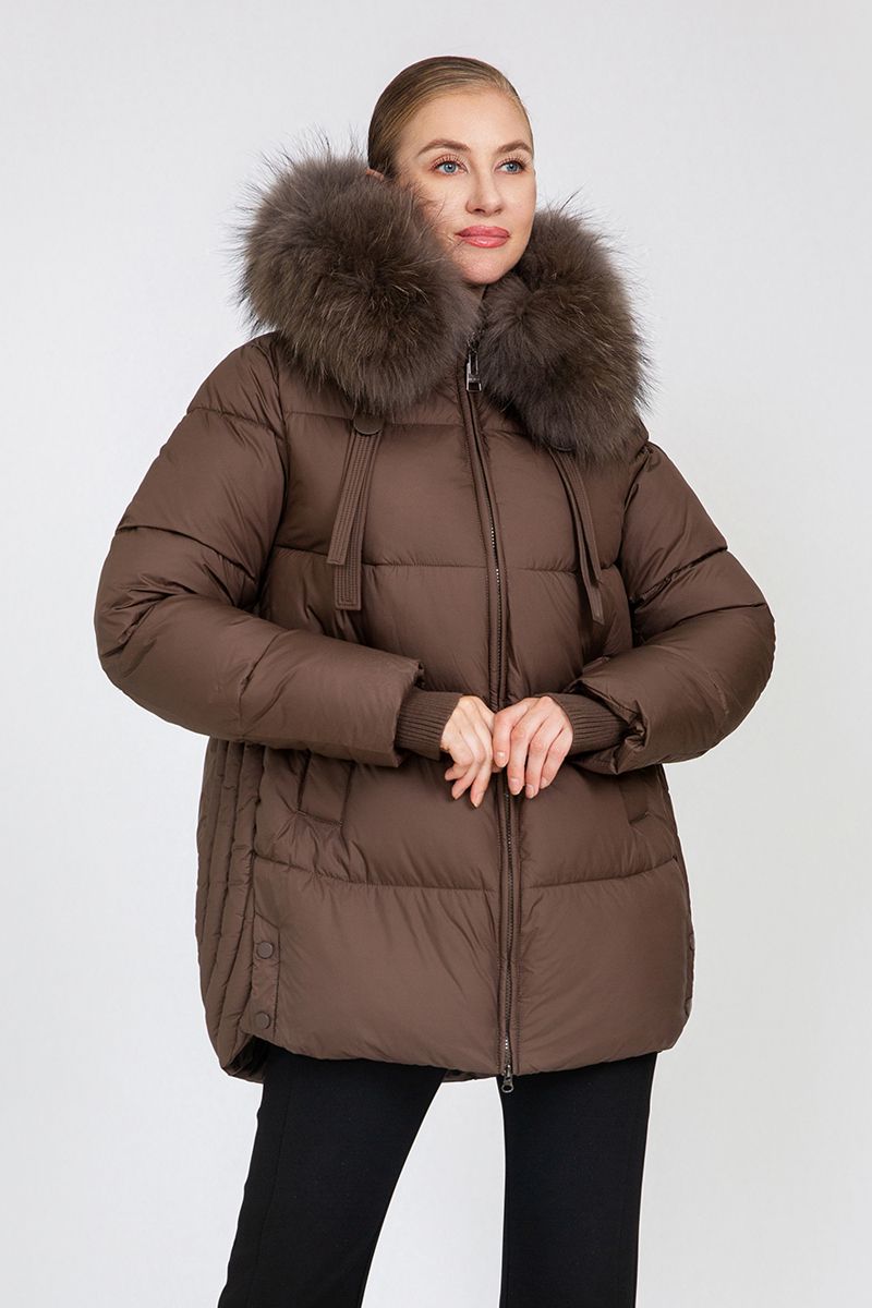 Women's Cropped Puffer Jacket with Detachable Fox Fur Collar & Hood Strap Details
