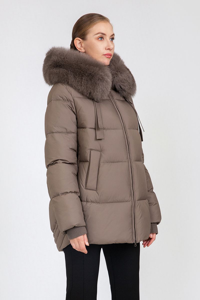 Women's Cropped Puffer Jacket with Detachable Fox Fur Collar & Hood Strap Details