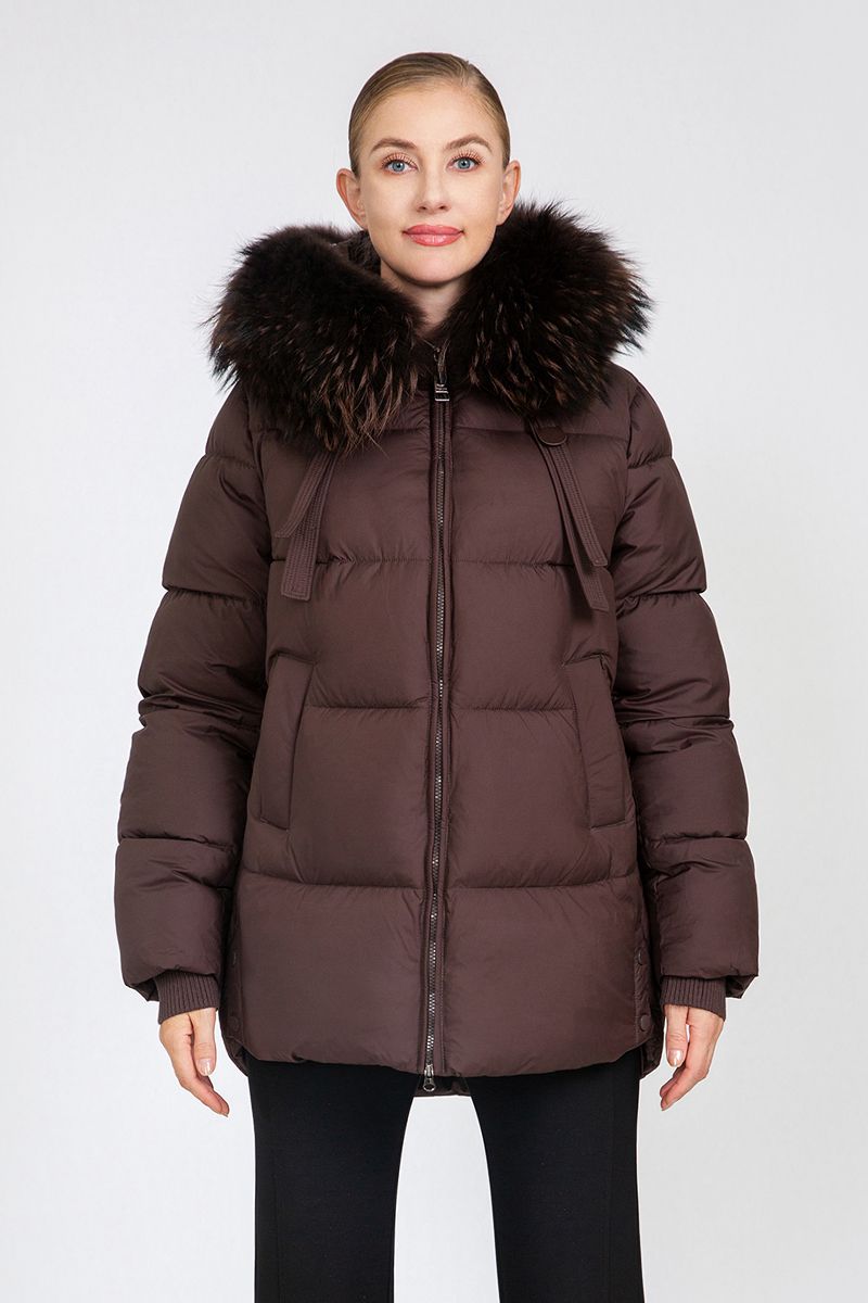 Women's Cropped Puffer Jacket with Detachable Fox Fur Collar & Hood Strap Details