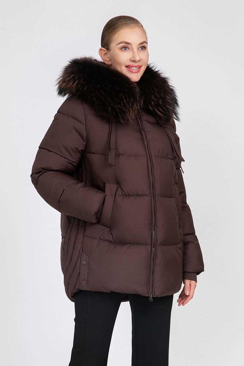 Women's Cropped Puffer Jacket with Detachable Fox Fur Collar & Hood Strap Details