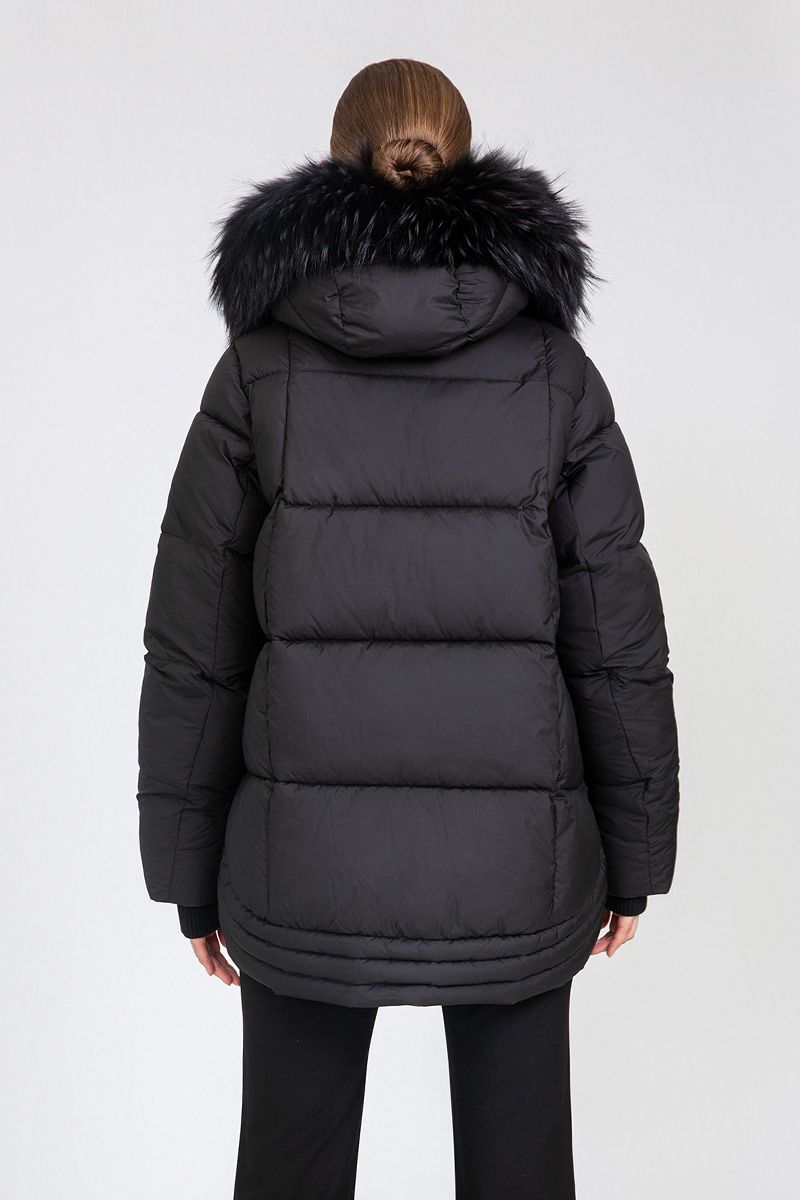Women's Cropped Puffer Jacket with Detachable Fox Fur Collar & Hood Strap Details