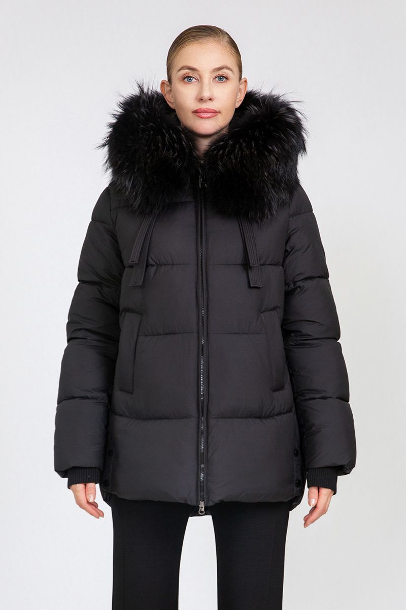 Women's Cropped Puffer Jacket with Detachable Fox Fur Collar & Hood Strap Details