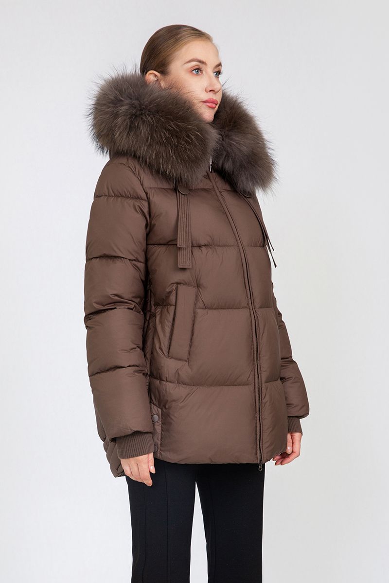 Women's Cropped Puffer Jacket with Detachable Fox Fur Collar & Hood Strap Details