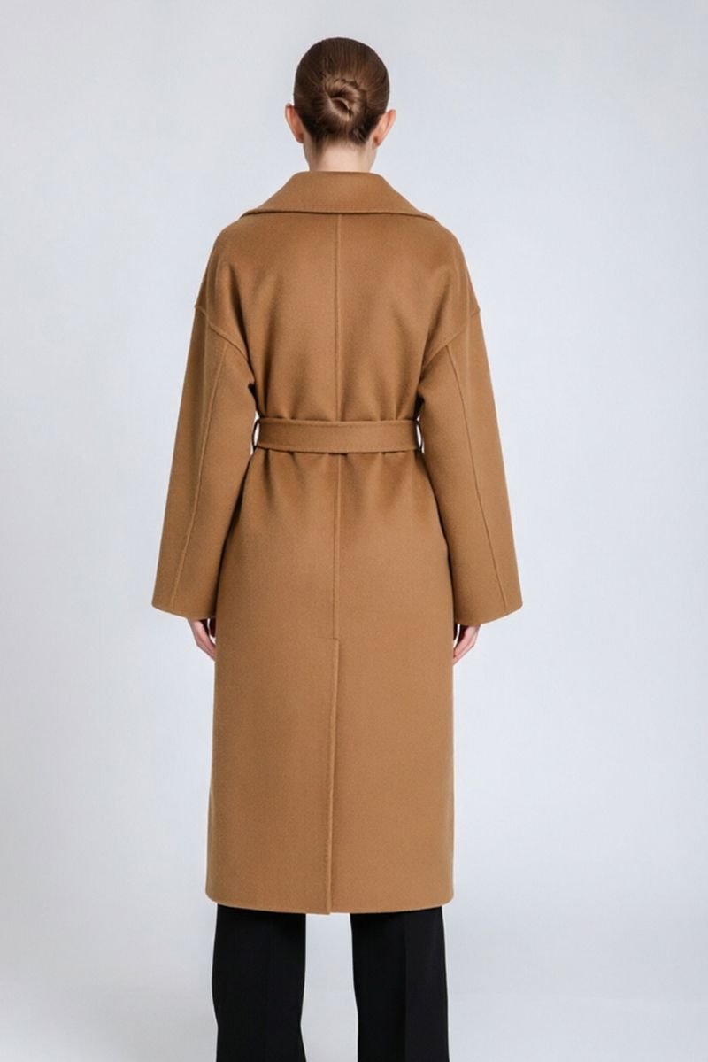 Women's Belted Long Cashmere Coat with Lapel Collar