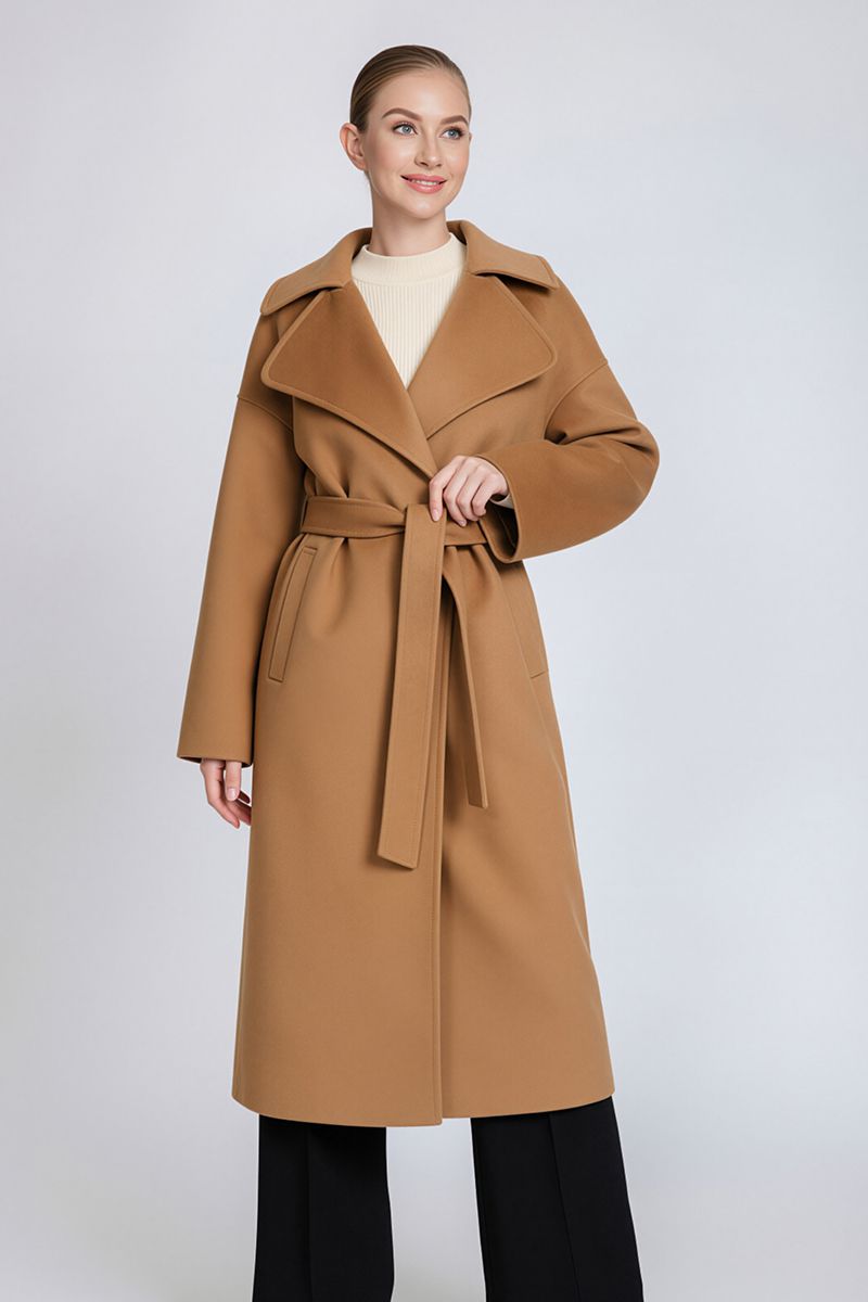 Women's Belted Long Cashmere Coat with Lapel Collar