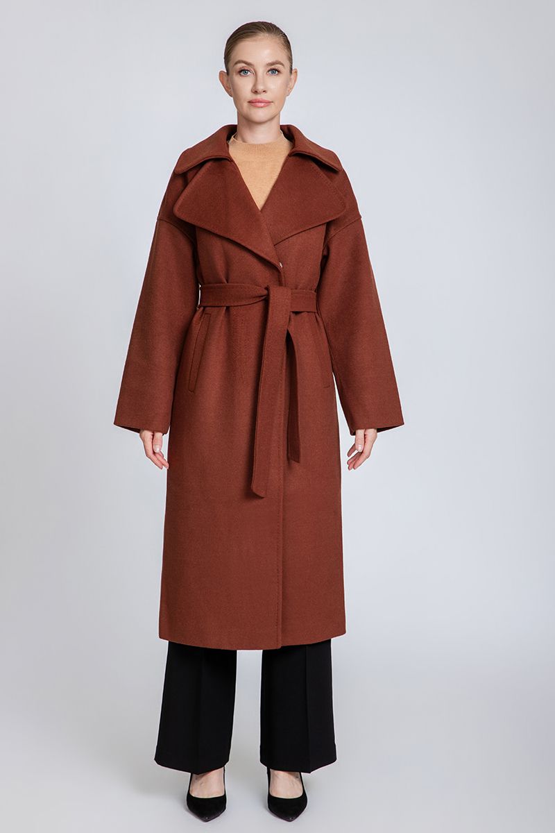 Women's Belted Long Cashmere Coat with Lapel Collar