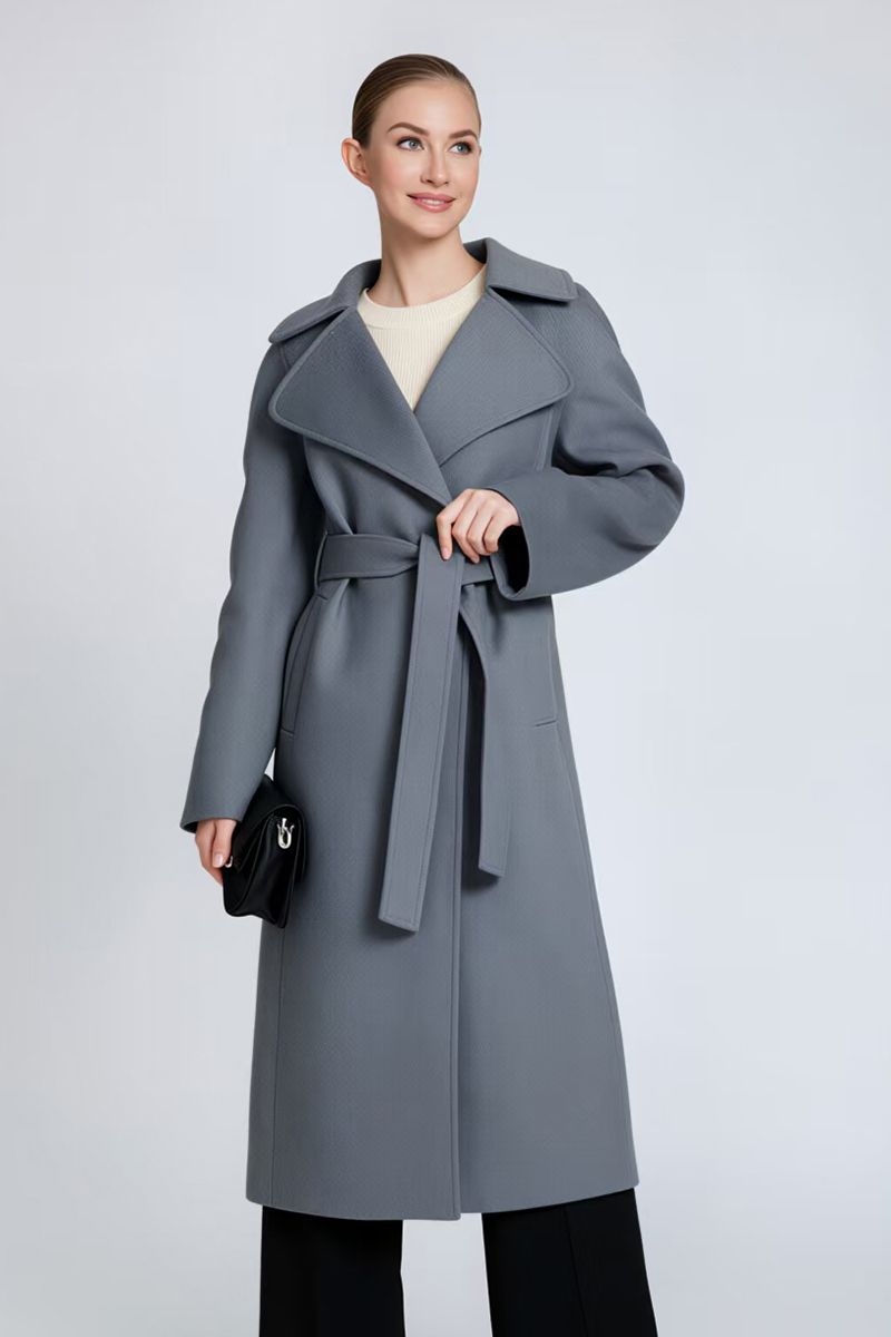 Women's Belted Long Cashmere Coat with Lapel Collar