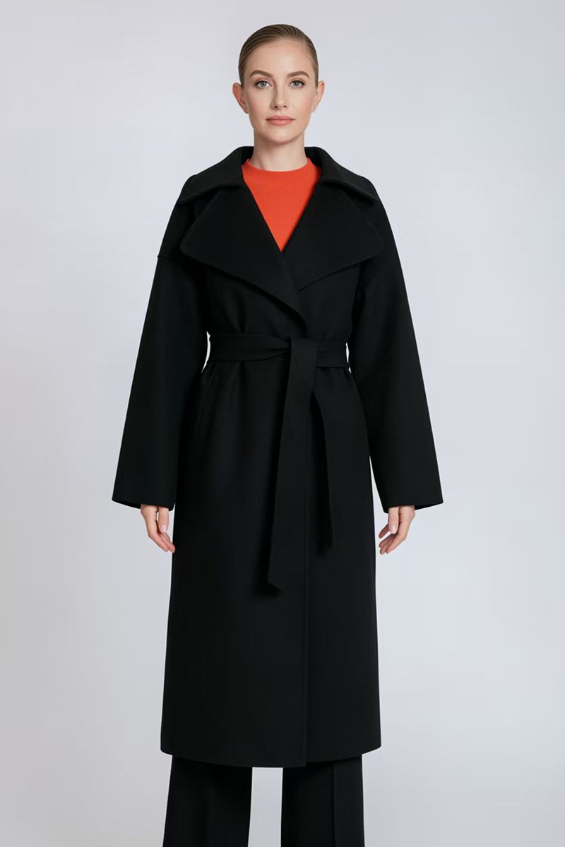 Women's Belted Long Cashmere Coat with Lapel Collar