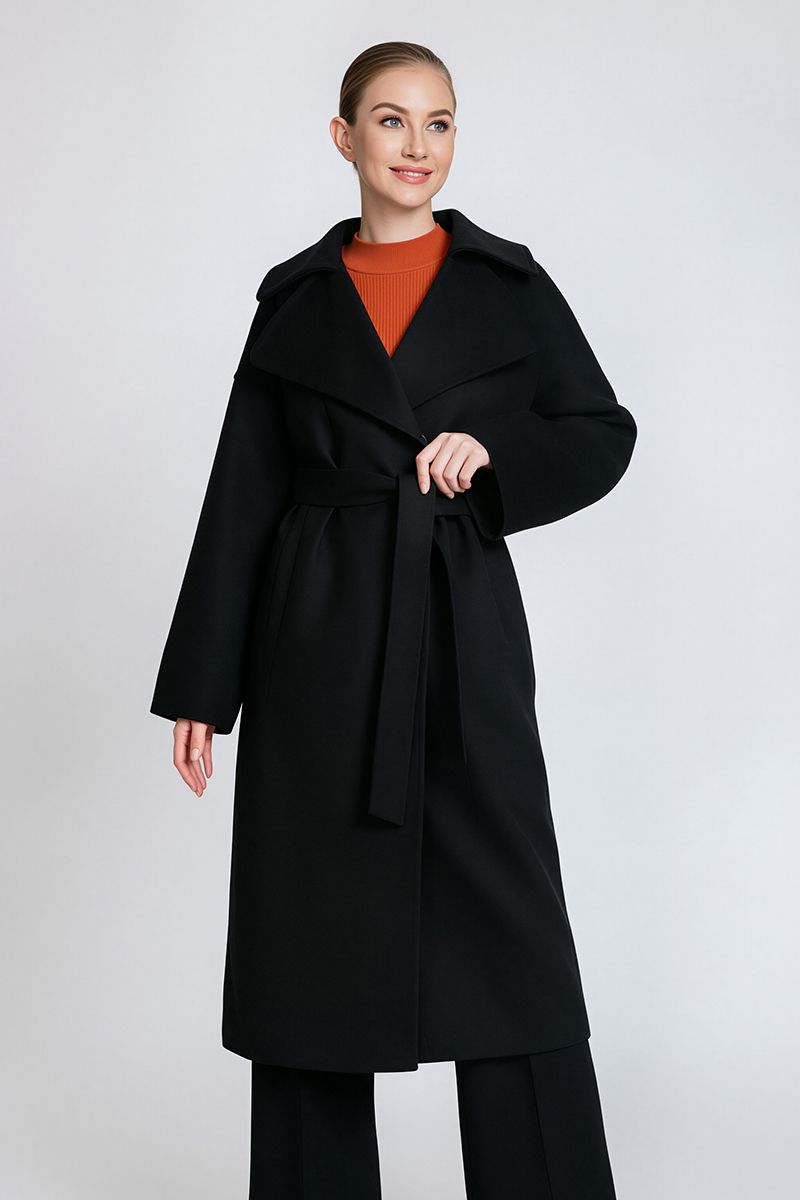 Women's Belted Long Cashmere Coat with Lapel Collar