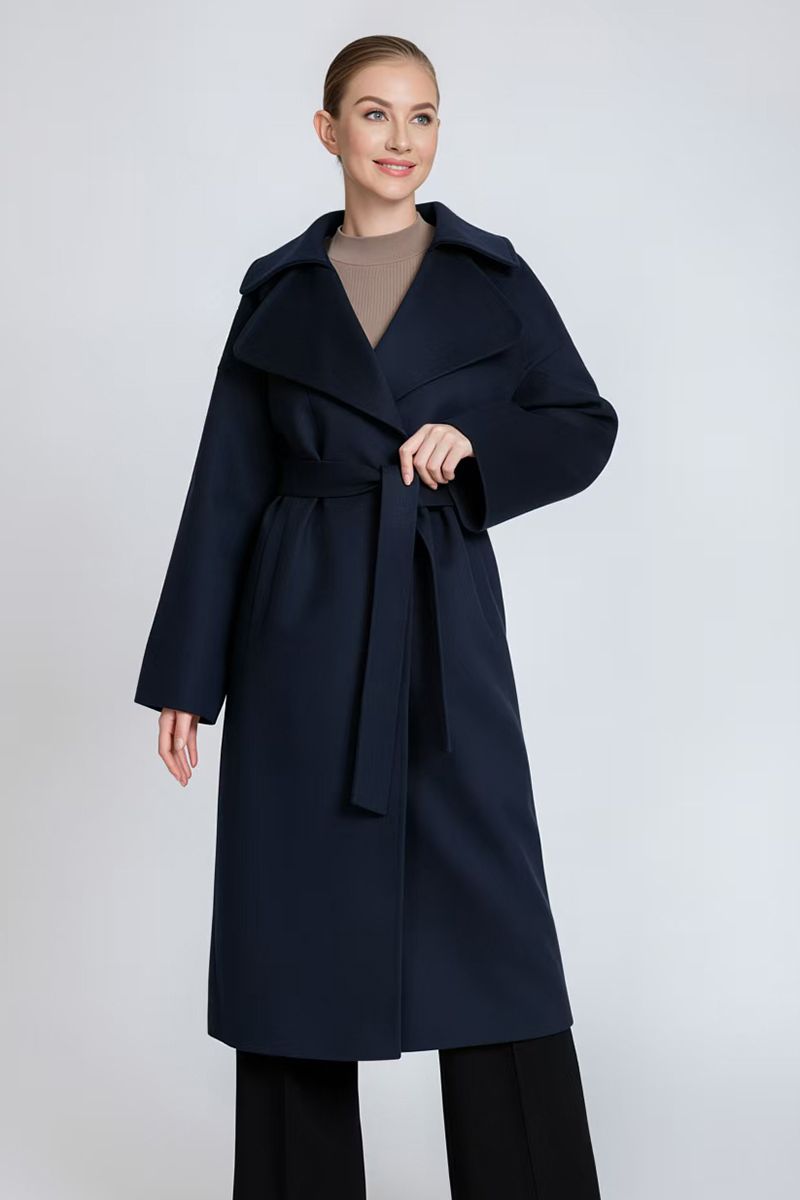 Women's Belted Long Cashmere Coat with Lapel Collar