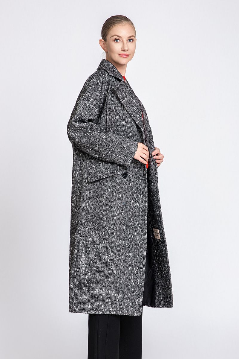 Women's Herringbone Long Wool Coat with Double-Breasted Closure