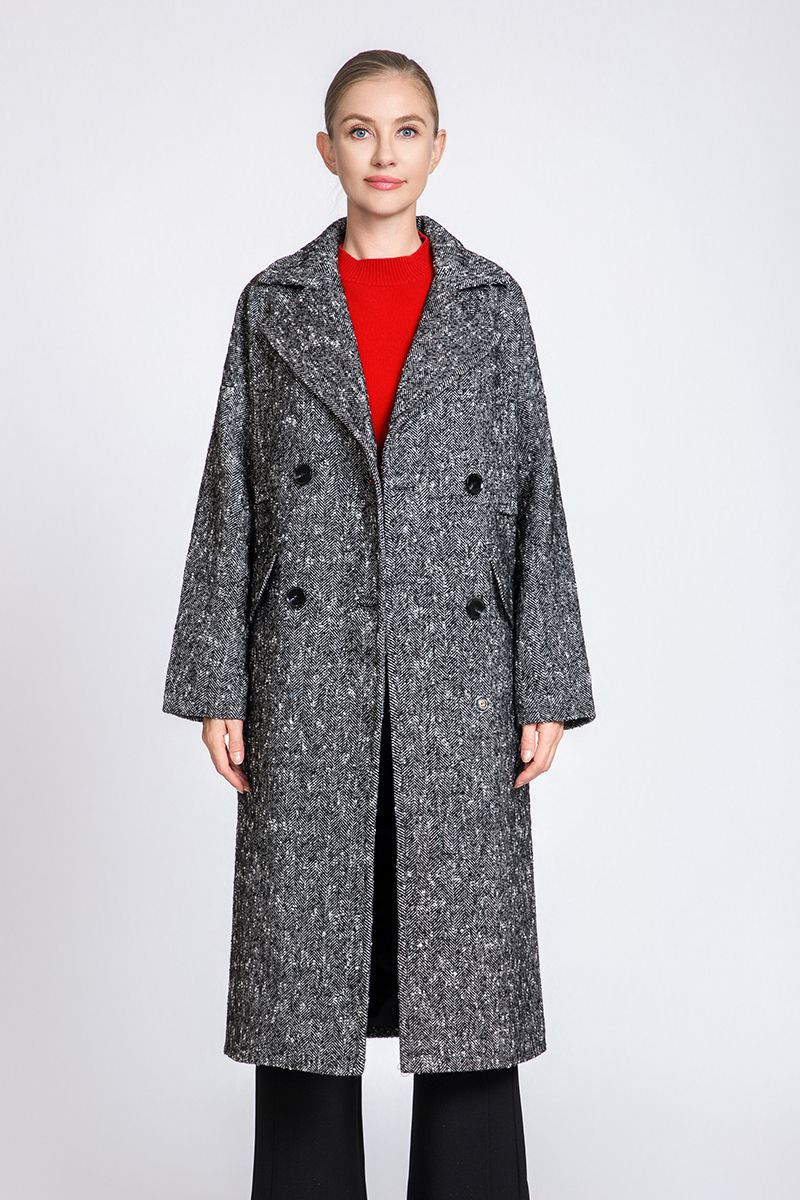 Women's Herringbone Long Wool Coat with Double-Breasted Closure