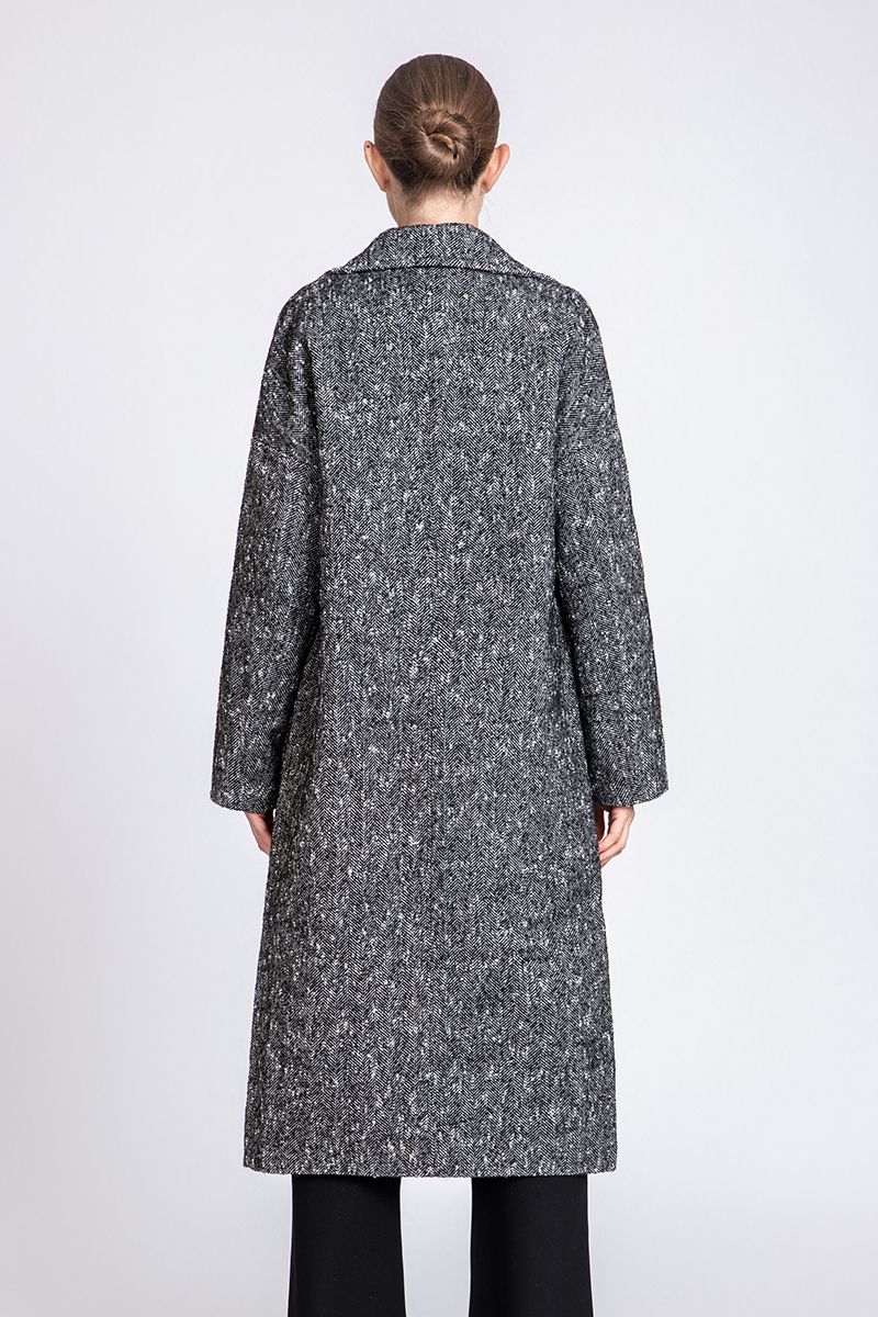 Women's Herringbone Long Wool Coat with Double-Breasted Closure