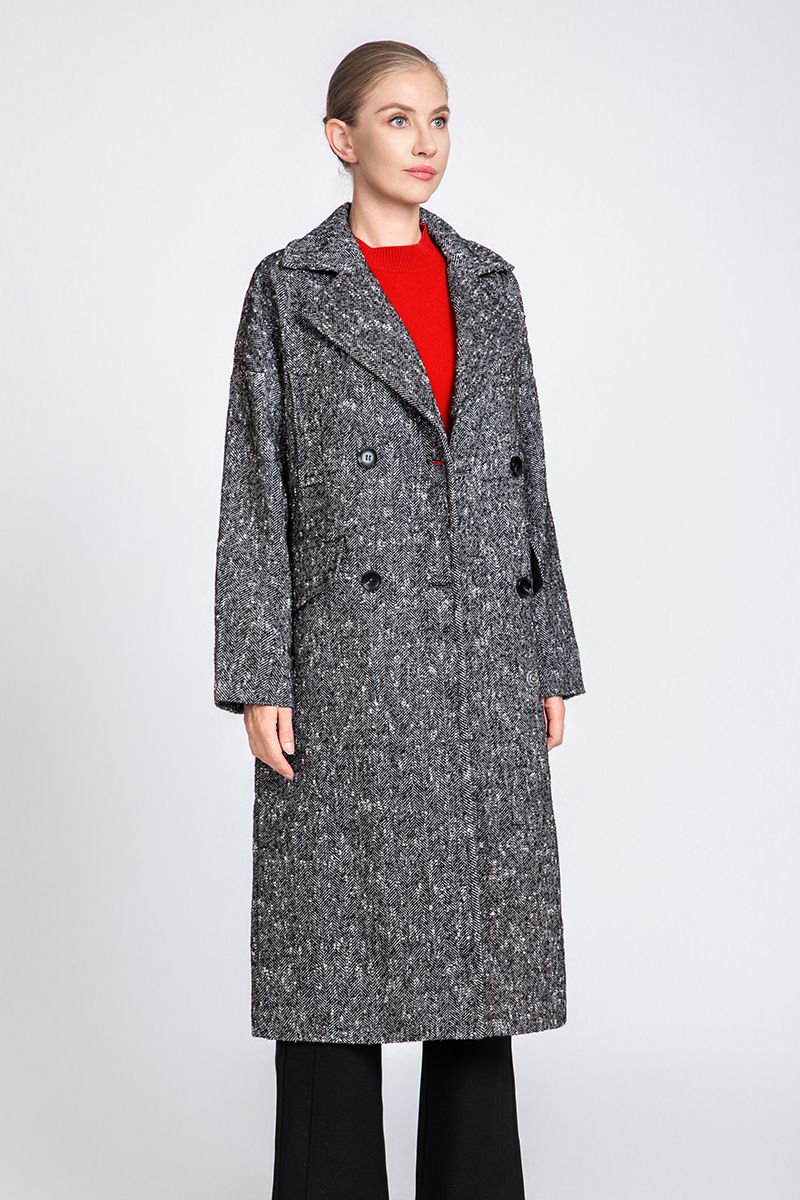 Women's Herringbone Long Wool Coat with Double-Breasted Closure