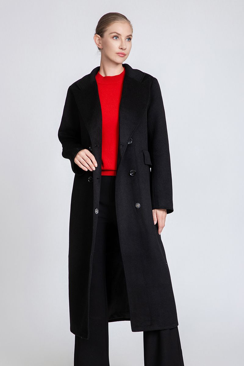 Women's Oversized Lapel Long Wool Coat with Double-Breasted Closure