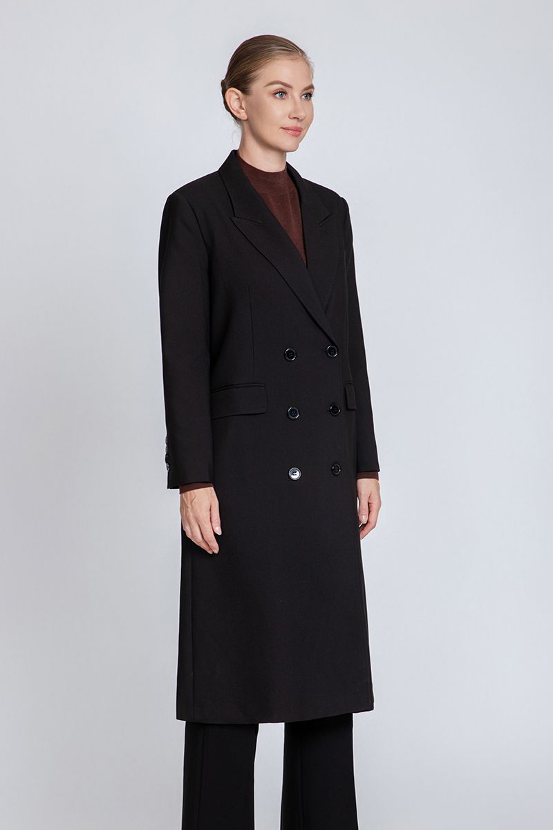 Women's Oversized Lapel Long Wool Coat with Double-Breasted Closure