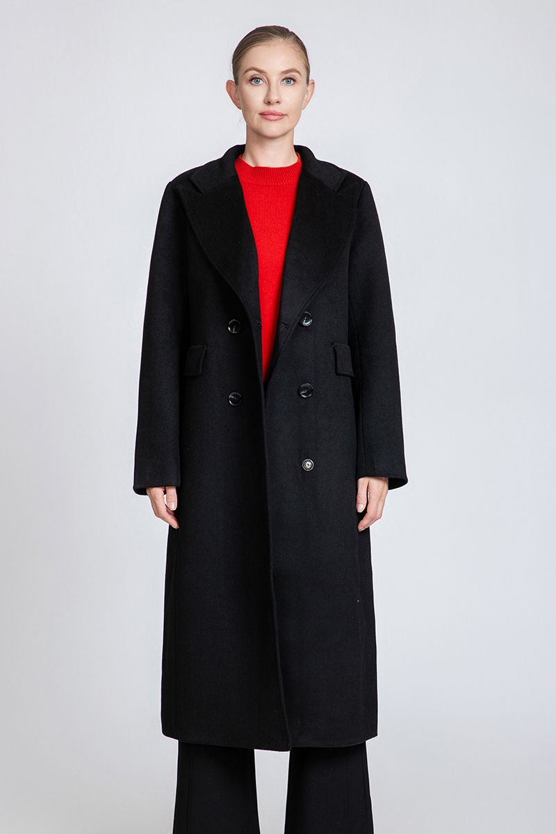 Women's Oversized Lapel Long Wool Coat with Double-Breasted Closure