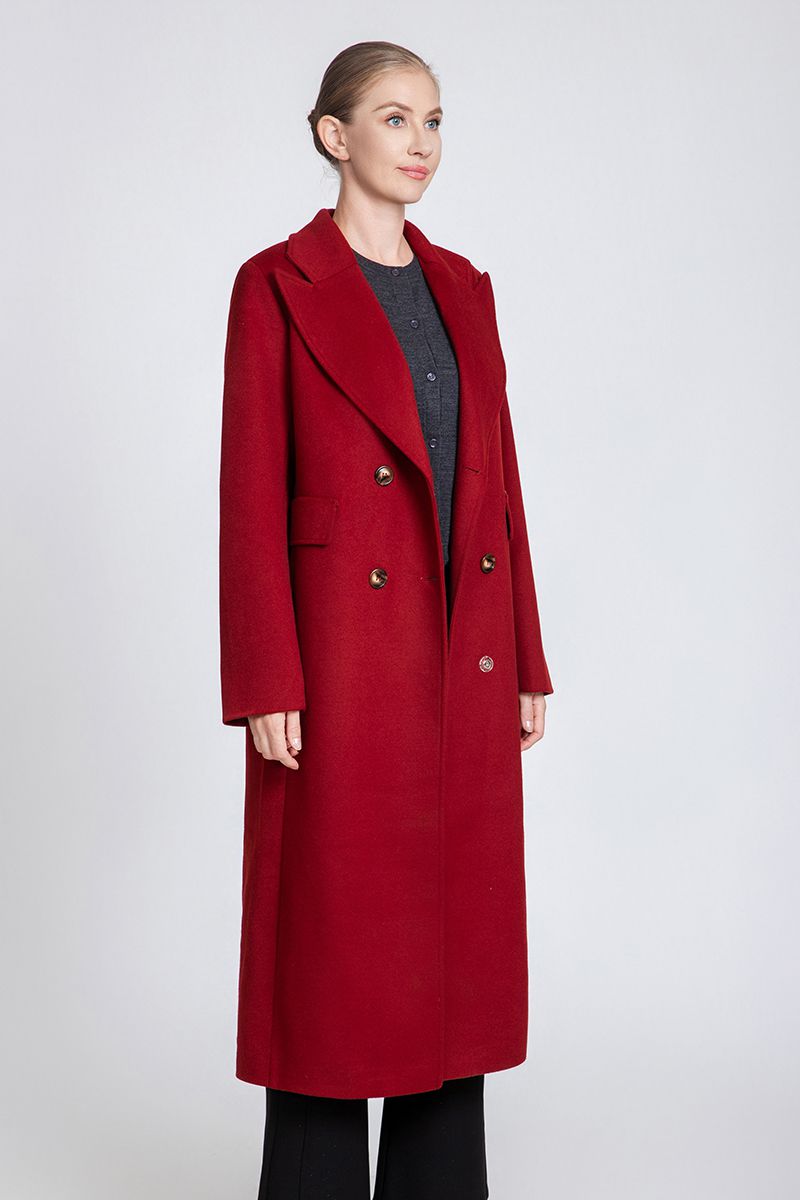 Women's Oversized Lapel Long Wool Coat with Double-Breasted Closure