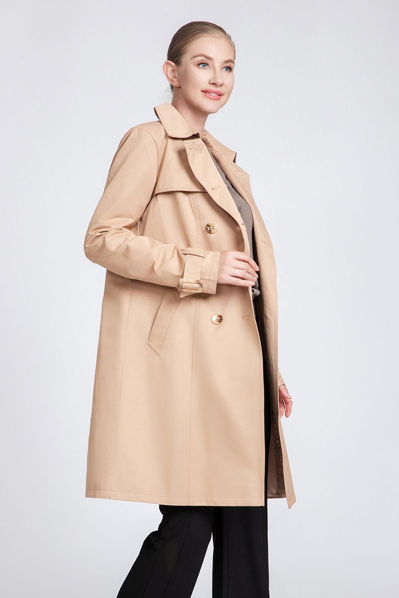 Women's Classic Double-Breasted Trench Coat with Belt & Cuff Straps
