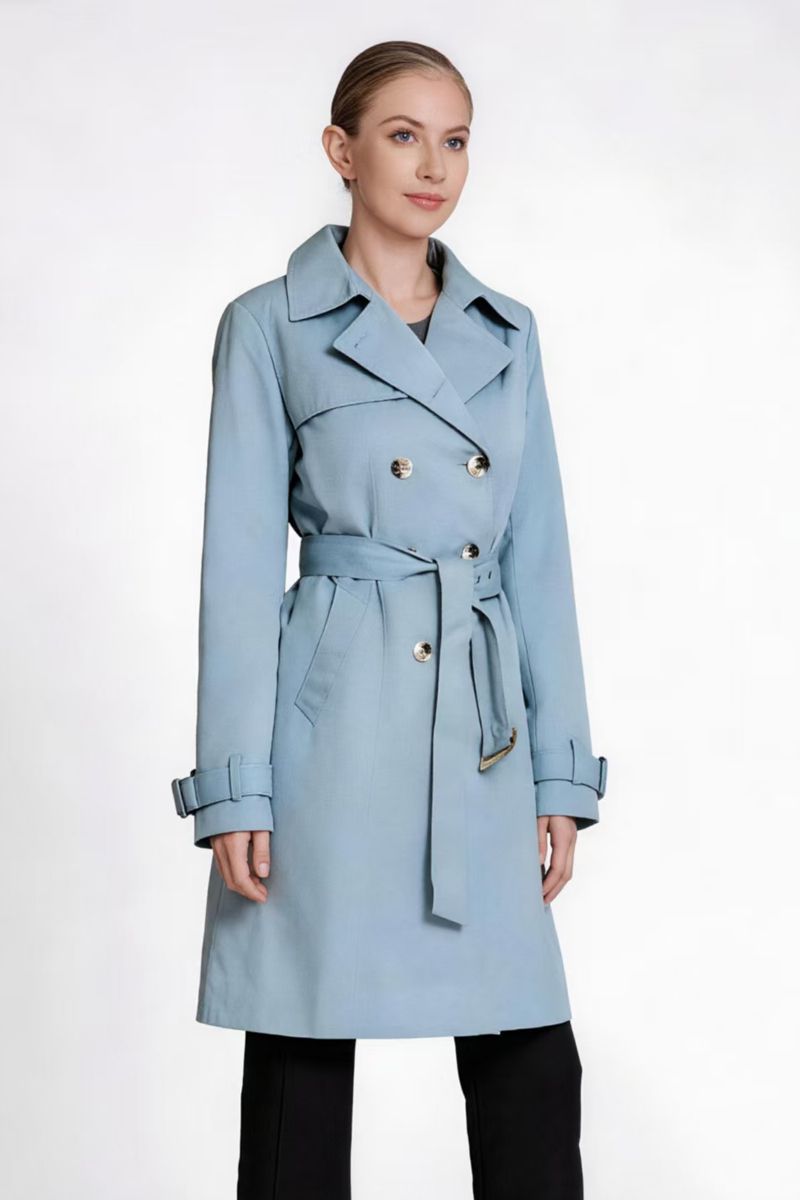 Women's Classic Double-Breasted Trench Coat with Belt & Cuff Straps