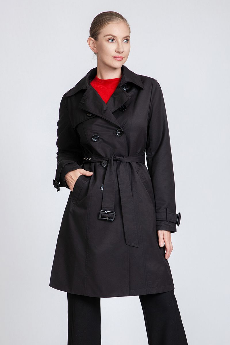 Women's Classic Double-Breasted Trench Coat with Belt & Cuff Straps