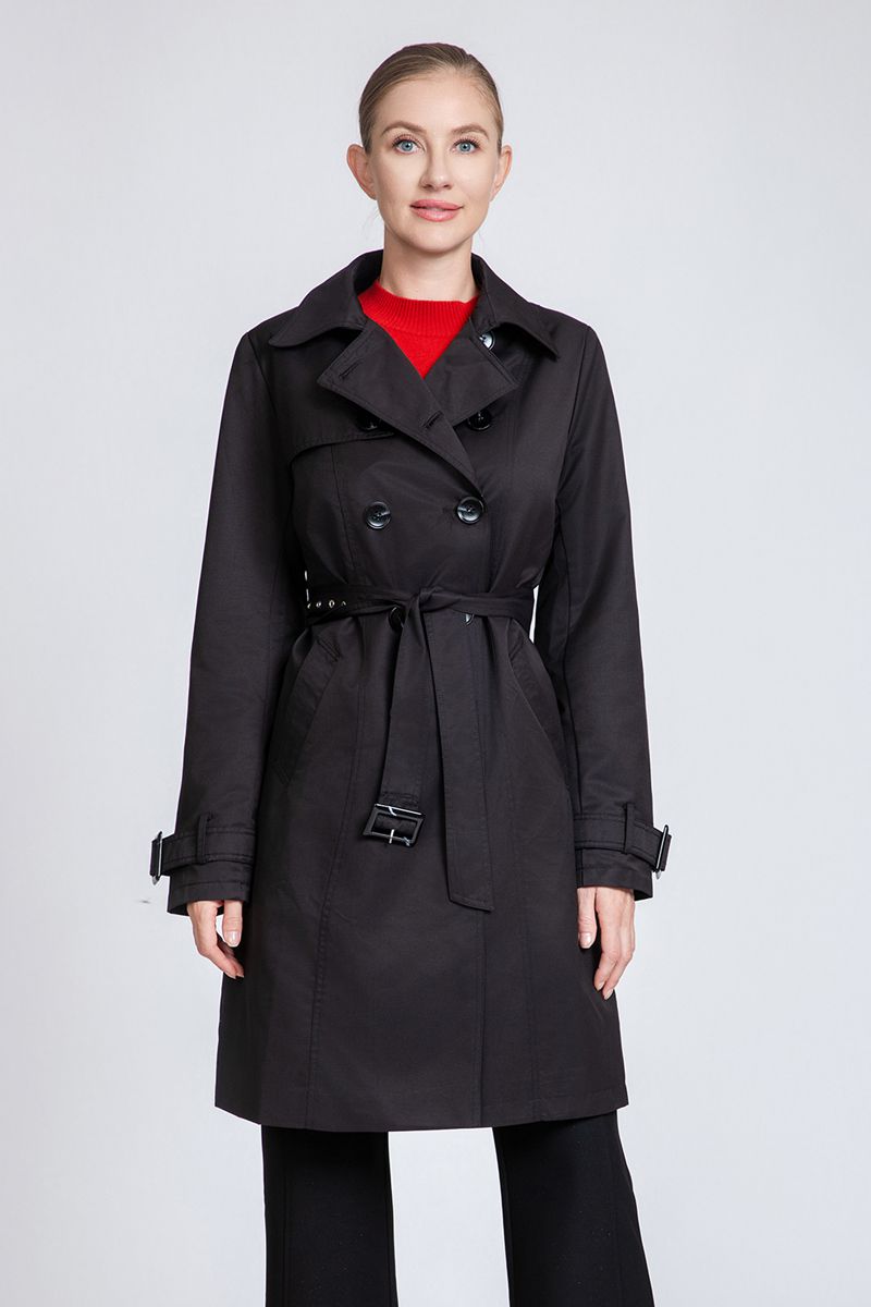 Women's Classic Double-Breasted Trench Coat with Belt & Cuff Straps