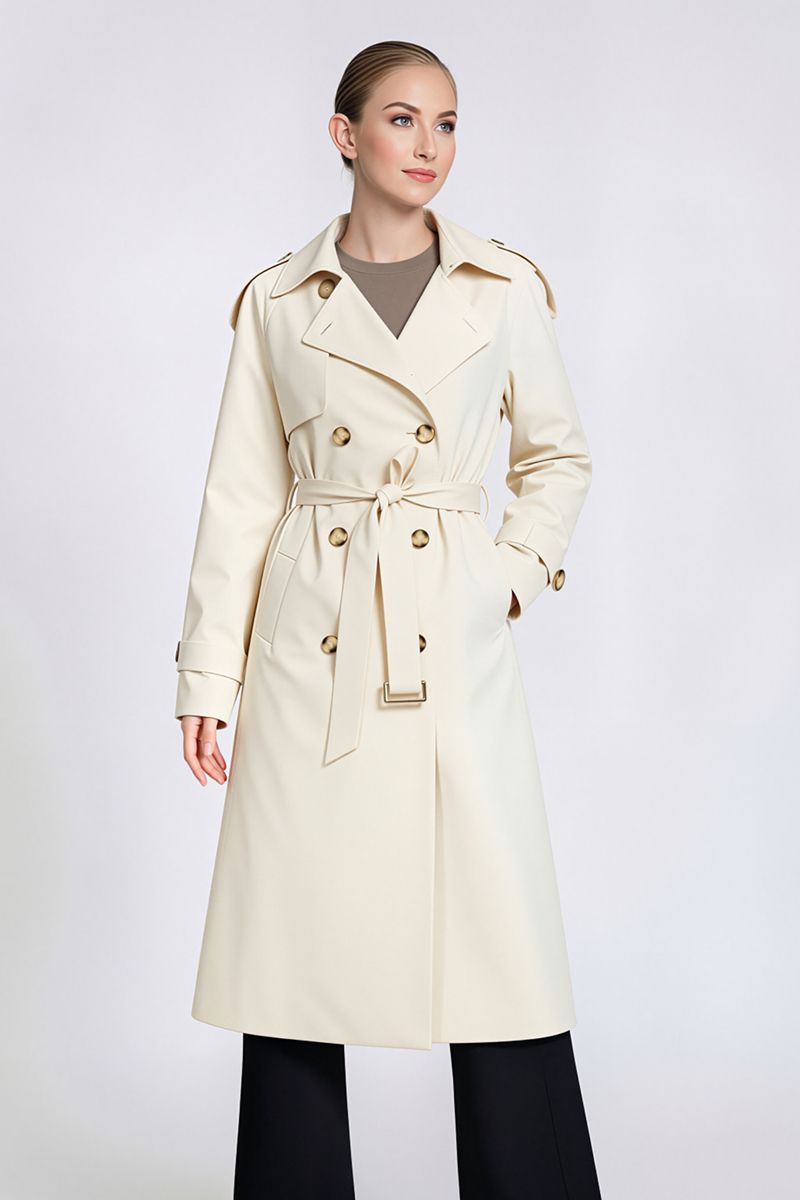 Women's Maxi Double-Breasted Trench Coat with Epaulettes & Waist Belt