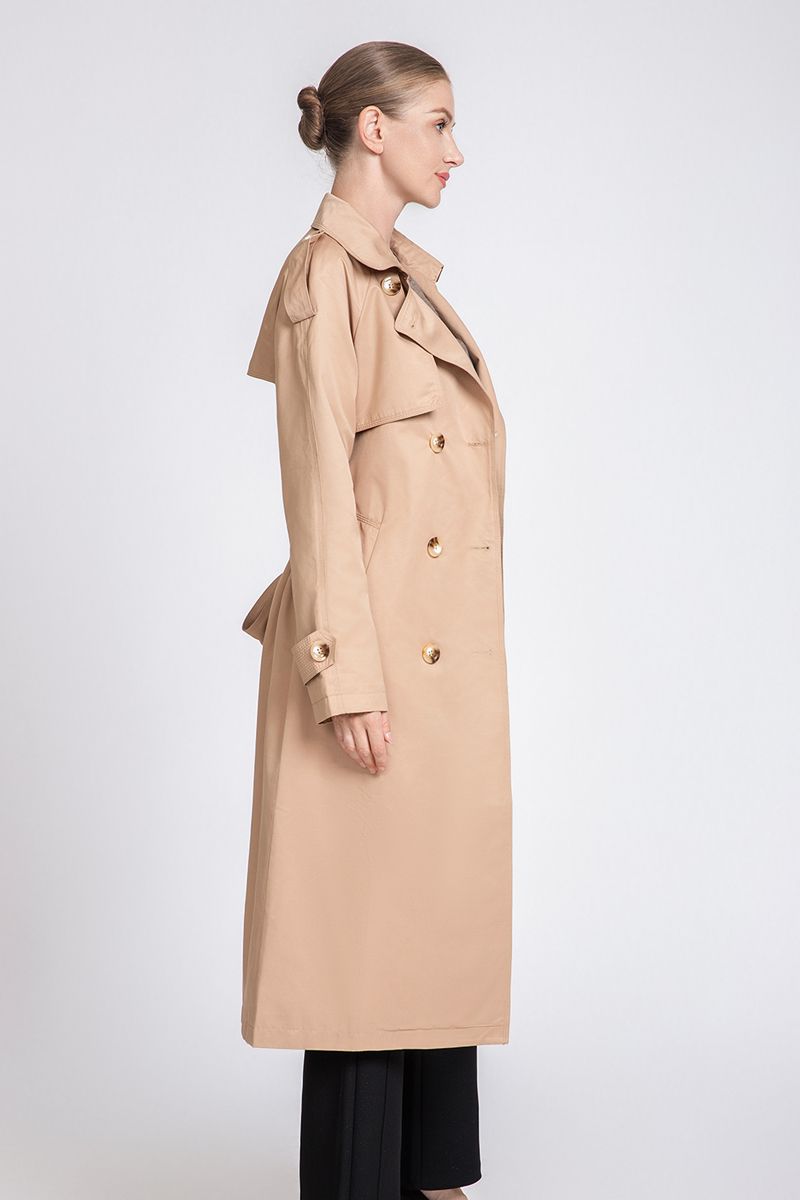Women's Maxi Double-Breasted Trench Coat with Epaulettes & Waist Belt