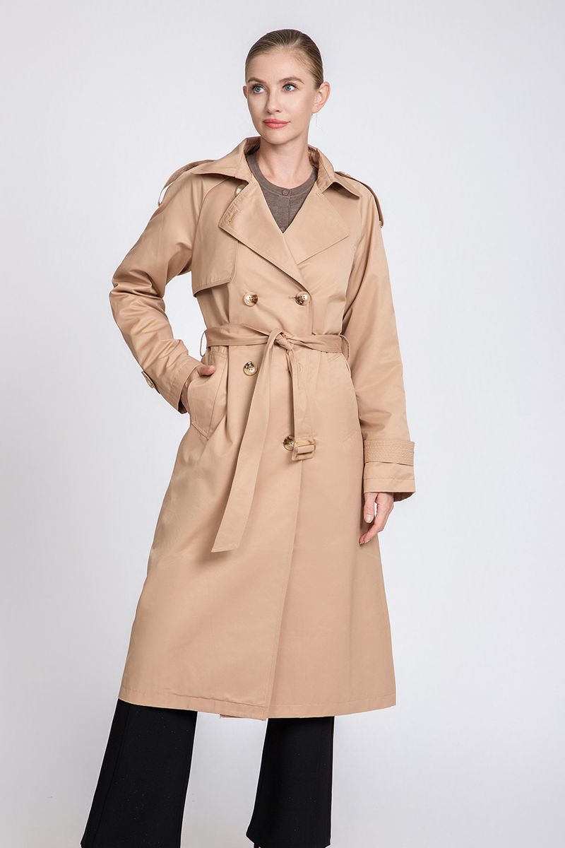 Women's Maxi Double-Breasted Trench Coat with Epaulettes & Waist Belt
