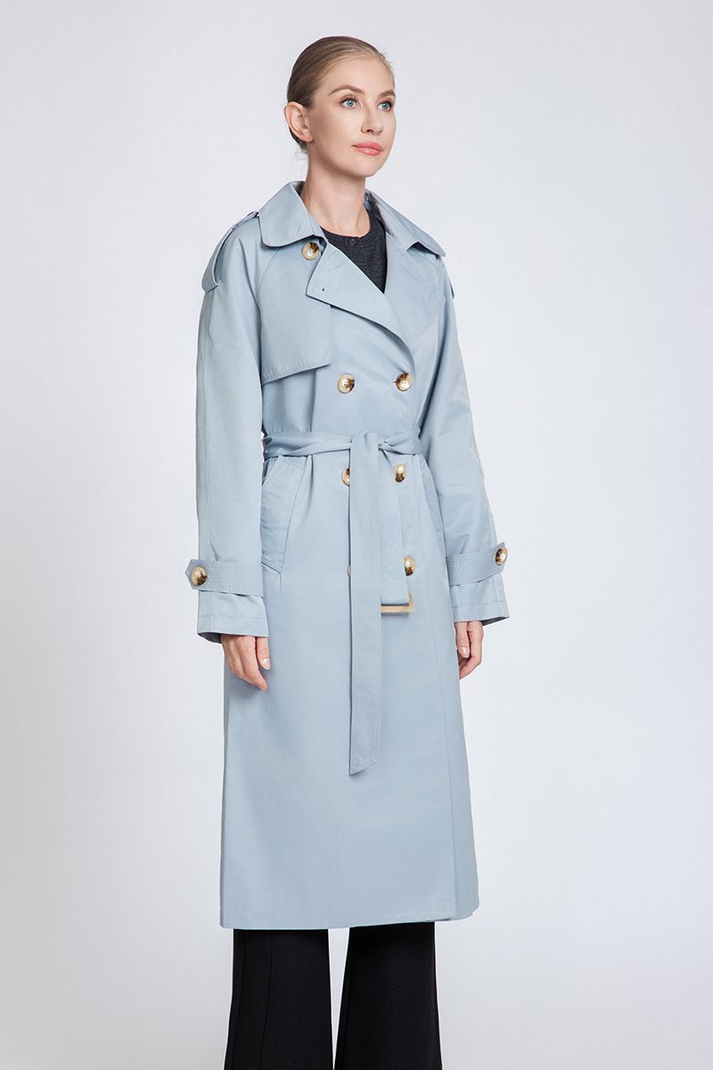 Women's Maxi Double-Breasted Trench Coat with Epaulettes & Waist Belt