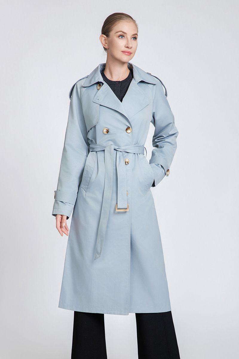 Women's Maxi Double-Breasted Trench Coat with Epaulettes & Waist Belt