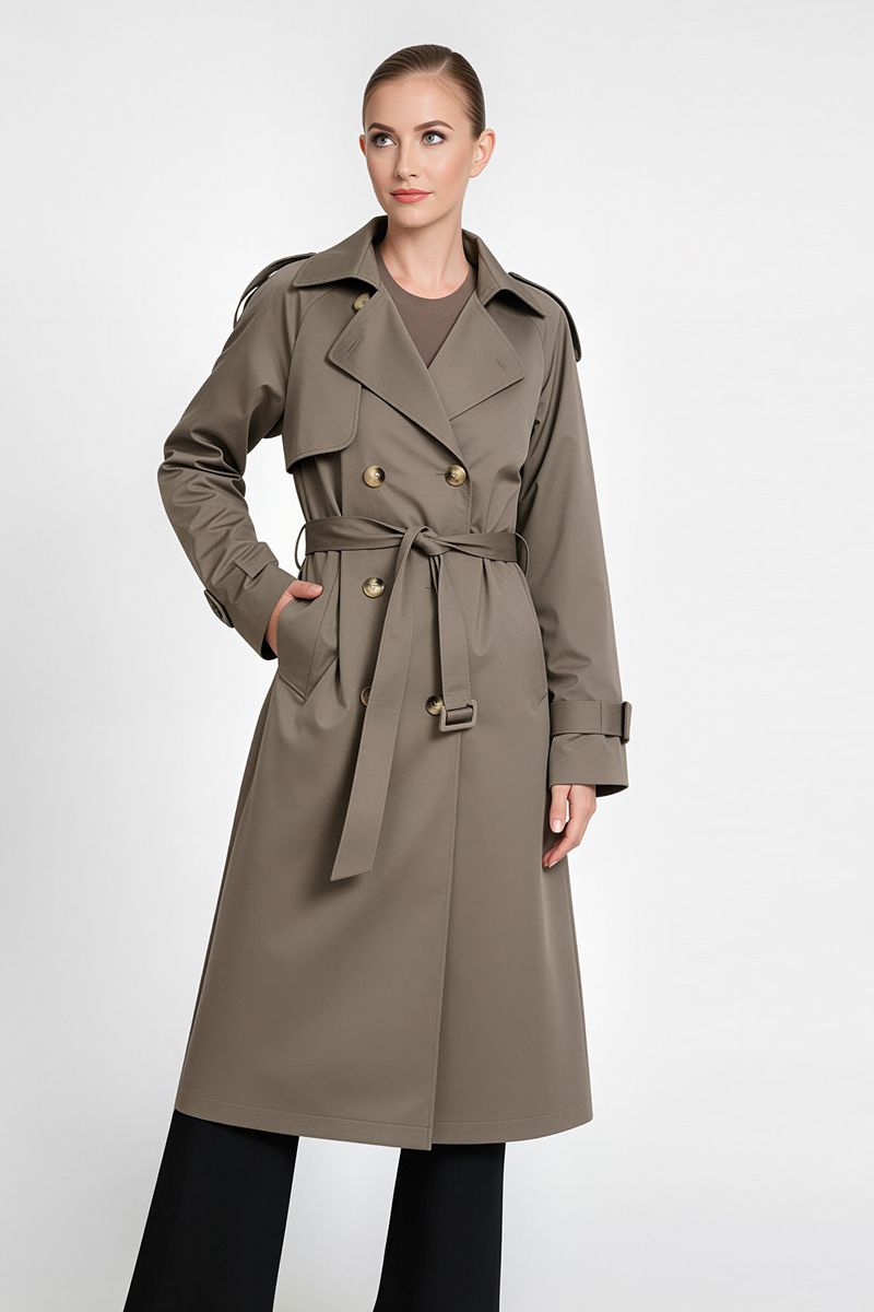 Women's Maxi Double-Breasted Trench Coat with Epaulettes & Waist Belt