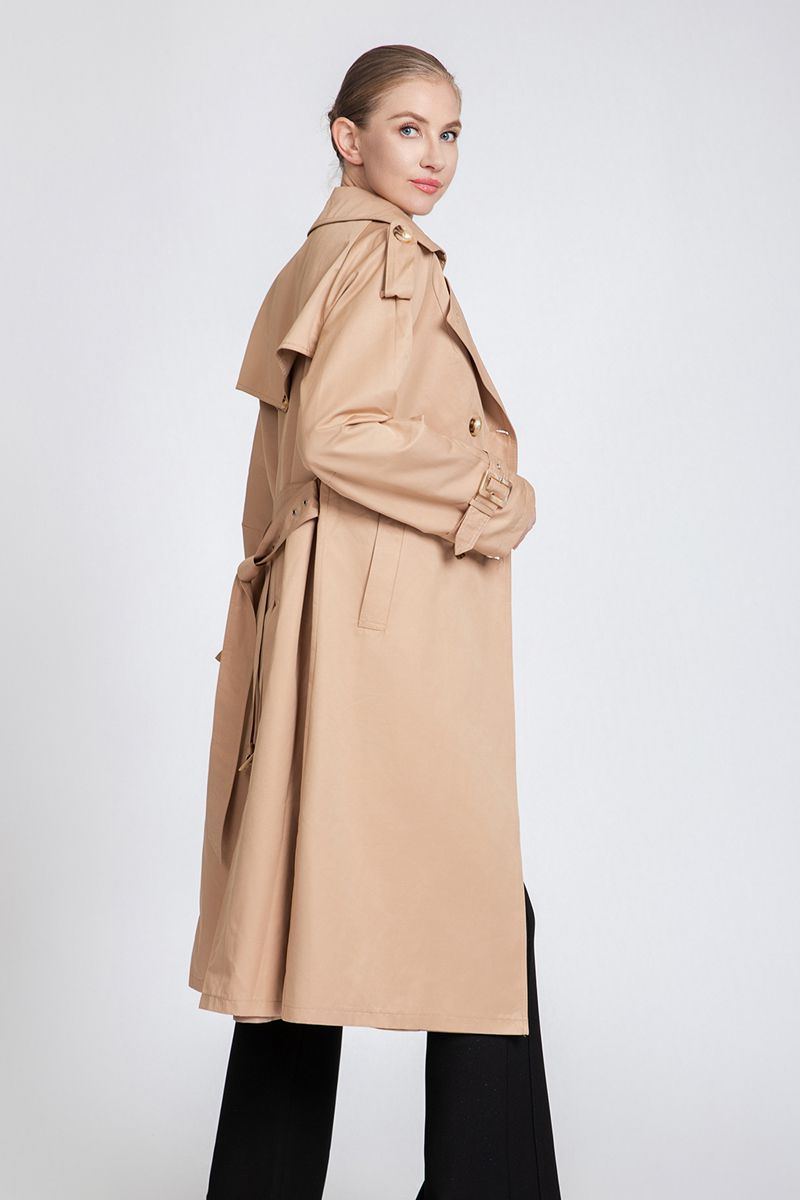 Women's Tailored Double-Breasted Trench Coat with Belted Cuffs