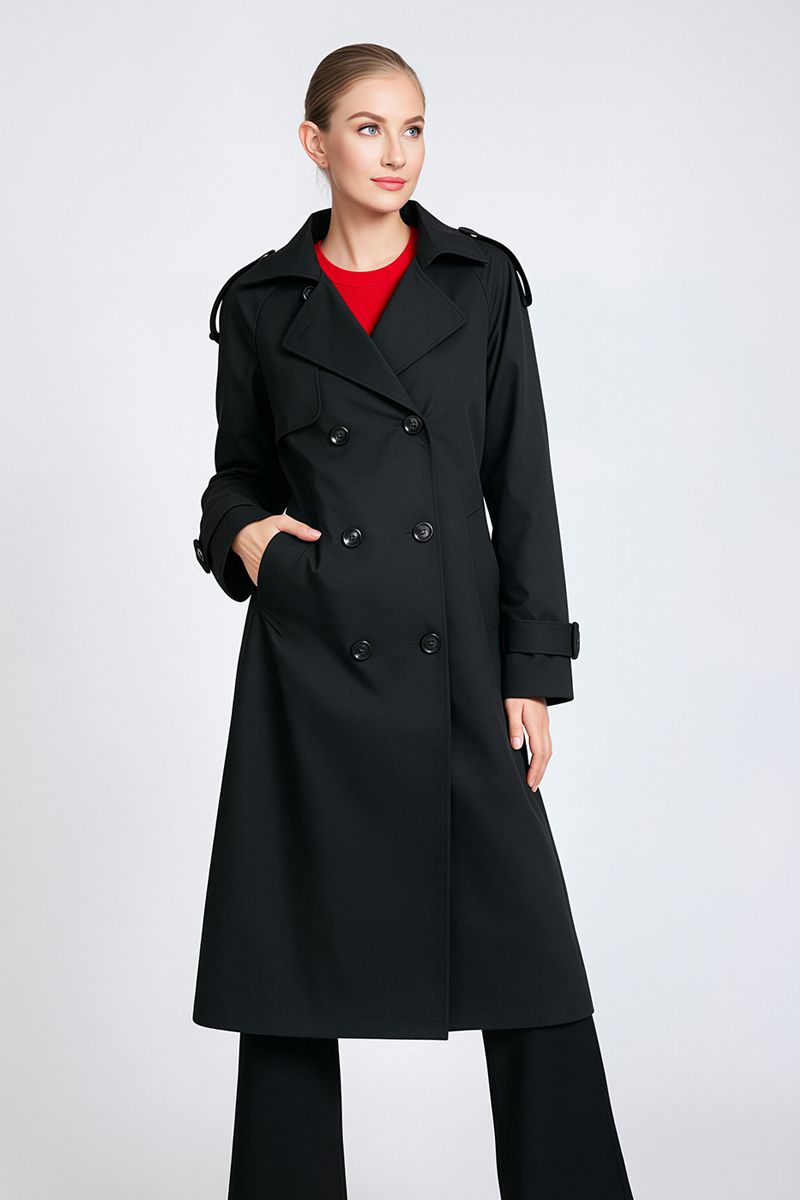 Women's Maxi Double-Breasted Trench Coat with Epaulettes & Waist Belt