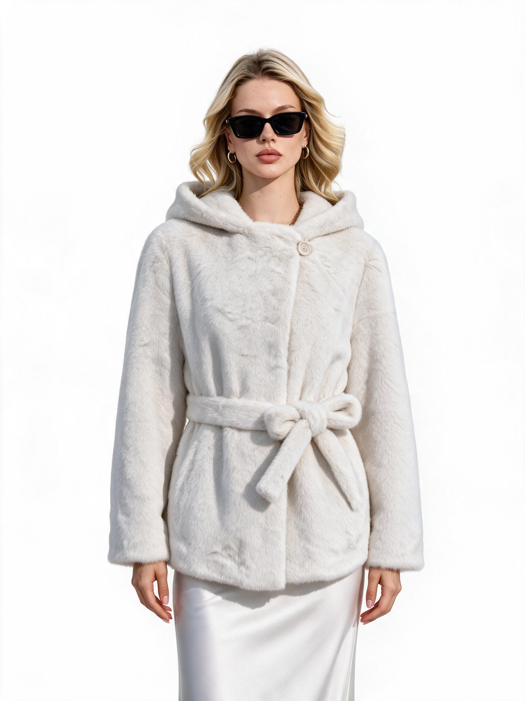 Women's Belted Hooded Faux Fur Coat with Lapel Collar